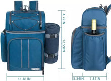 Load image into Gallery viewer, Fully equipped picnic basket back pack in blue with blanket for 2 persons
