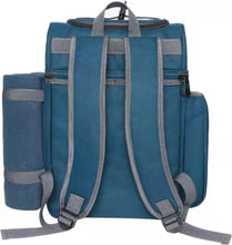 Load image into Gallery viewer, Fully equipped picnic basket back pack in blue with blanket for 2 persons
