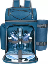 Load image into Gallery viewer, Fully equipped picnic basket back pack in blue with blanket for 2 persons
