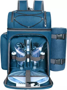 Fully equipped picnic basket back pack in blue with blanket for 2 persons