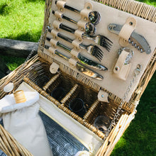 Carica l'immagine nel visualizzatore di Gallery, Deluxe picnic hamper interior featuring cutlery, wine glasses, and storage for a picnic for four people.
