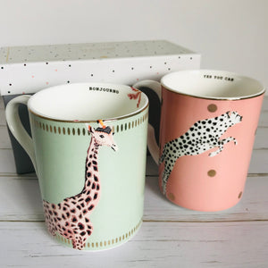Yvonne Ellen fine china "cheetah & giraffe" set of mugs