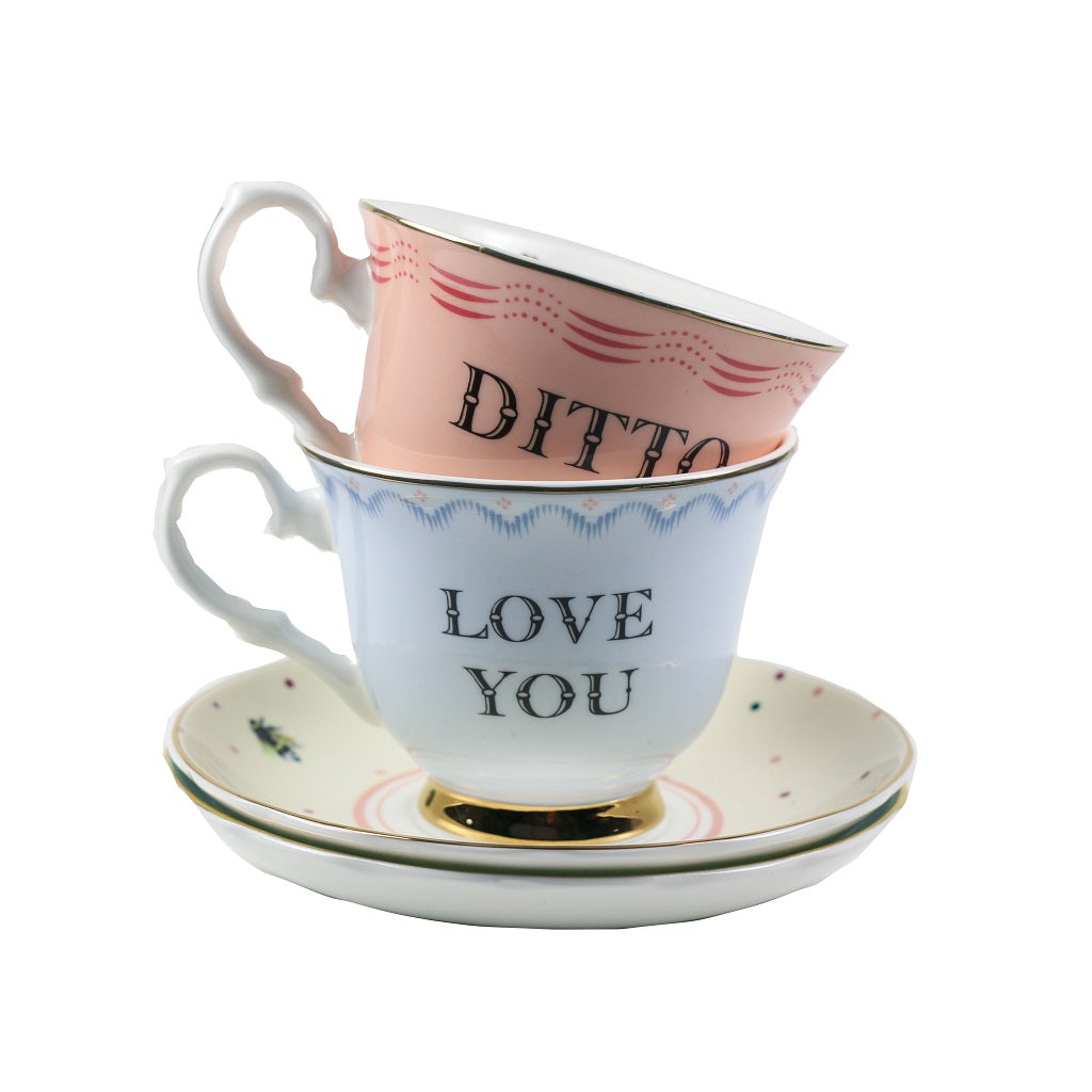 Yvonne Ellen set of 'LOVE YOU/DITTO' tea cups & saucers