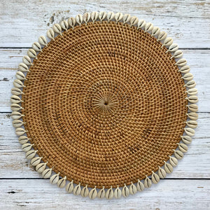 Balinese round rattan place mat with cowrie shells