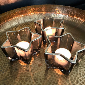 Smoked glass star tealight holder with gold rim