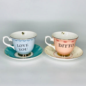 Yvonne Ellen set of 'LOVE YOU/DITTO' tea cups & saucers