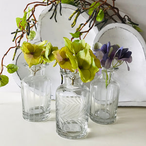 Etched glass bud vases