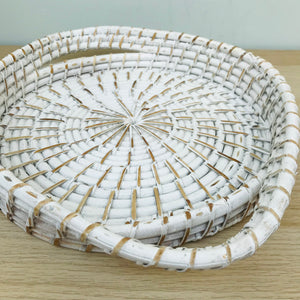 White wash round rattan tray