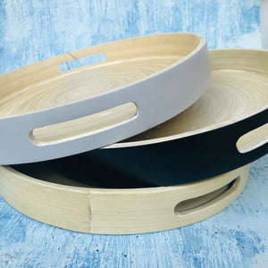 Grey round bamboo tray
