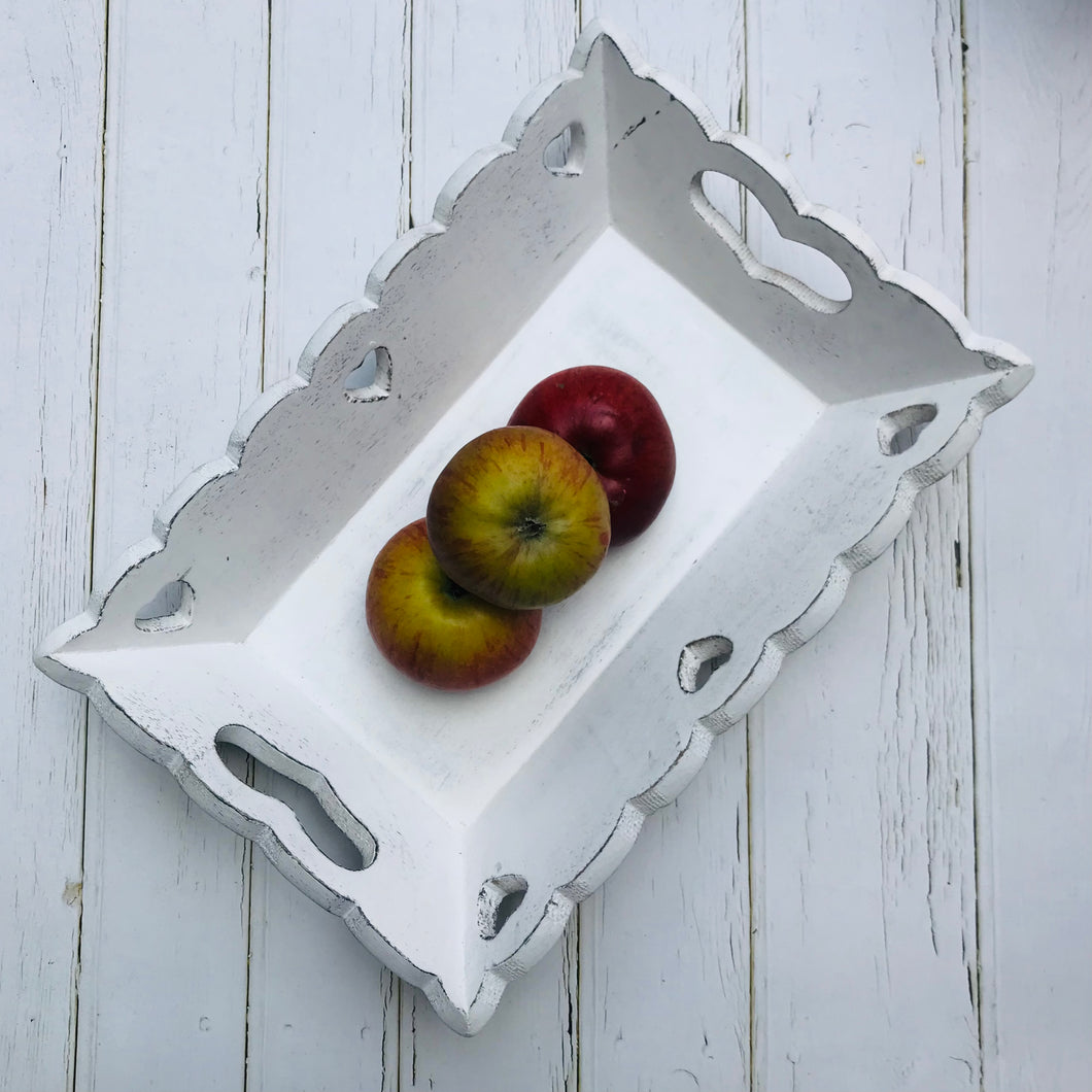 White vintage wooden heart scallop edged trays