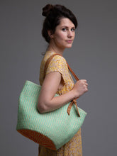 Load image into Gallery viewer, Wool &amp; sisal minty green &amp; orange tote bag
